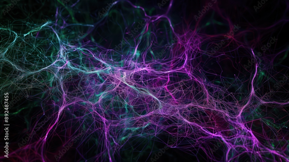 Poster bstract plexus of neon violet and forest green threads, creating a mysterious aura on a dark backgro