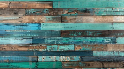 Naklejka premium Reclaimed wood wall with aged turquoise boards Wide horizontal image with space for text