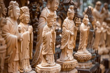 Fototapeta premium A collection of exquisitely carved wooden statues, each with the name of a holiday engraved at its base, showcased in a beautiful arrangement. The level of detail and craftsmanship is stunning.