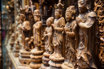 Fototapeta premium A collection of exquisitely carved wooden statues, each with the name of a holiday engraved at its base, showcased in a beautiful arrangement. The level of detail and craftsmanship is stunning.