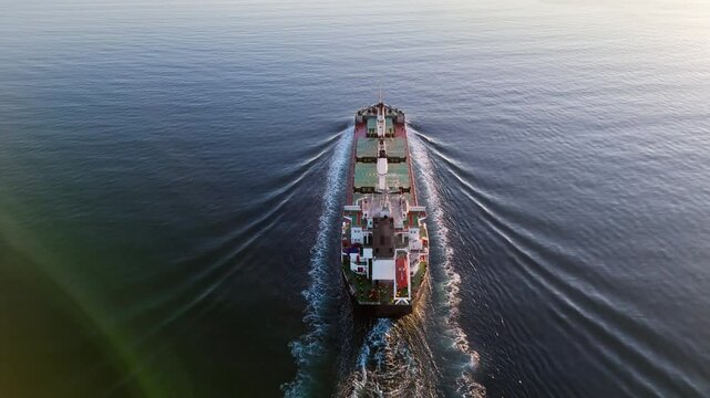 Dry bulk cargo vessel ship underway in calm sea, merchant ship to transport bulk cargo such as grains ore coal. Aerial view