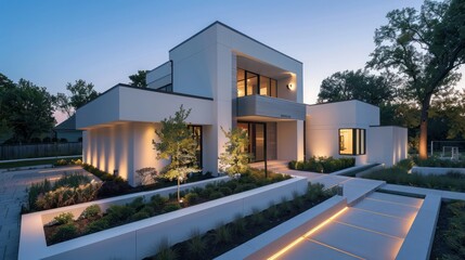 Fototapeta premium Suburban home with a sleek, white facade, minimalist landscaping, and an integrated outdoor lighting system
