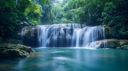 Obraz premium A pristine waterfall in dense forest, long exposure effect,