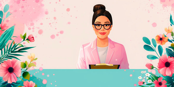 Colorful illustration of a female teacher surrounded by flowers, perfect for Teachers' Day celebration in India. Ideal for greeting cards, educational materials, and school events