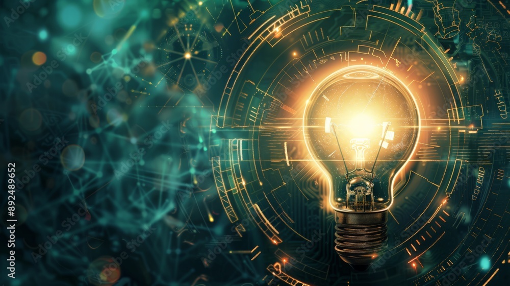 Poster glowing light bulb with a futuristic digital background. representing innovation and technology.