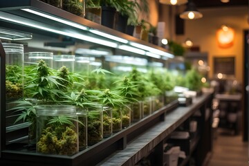 cannabis dispensary interior with varieties of cannabis plants densely packed