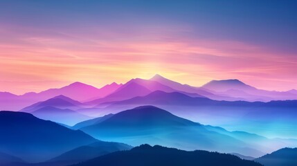 Obraz premium Stunning sunrise landscape with colorful mountains, vibrant pink and purple sky, and rolling hills covered in morning mist.