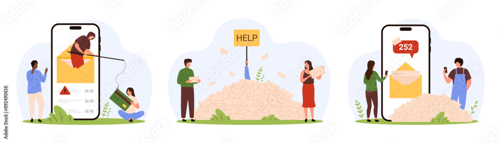 Poster email spam overload, phishing attack set. tiny people drowning in letters and mailbox messages with 
