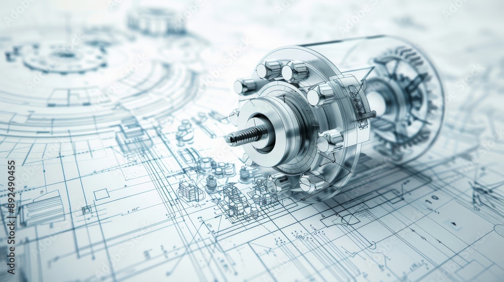 Poster Technical drawing with a 3D mechanical part on a light blue blueprint background. Ideal for engineering and industrial concepts.