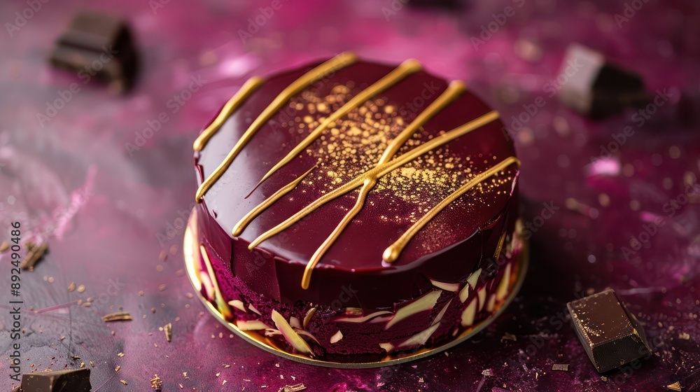 Fototapete chic beetroot and chocolate cake with edible gold dust on a deep ruby background, sophisticated and 