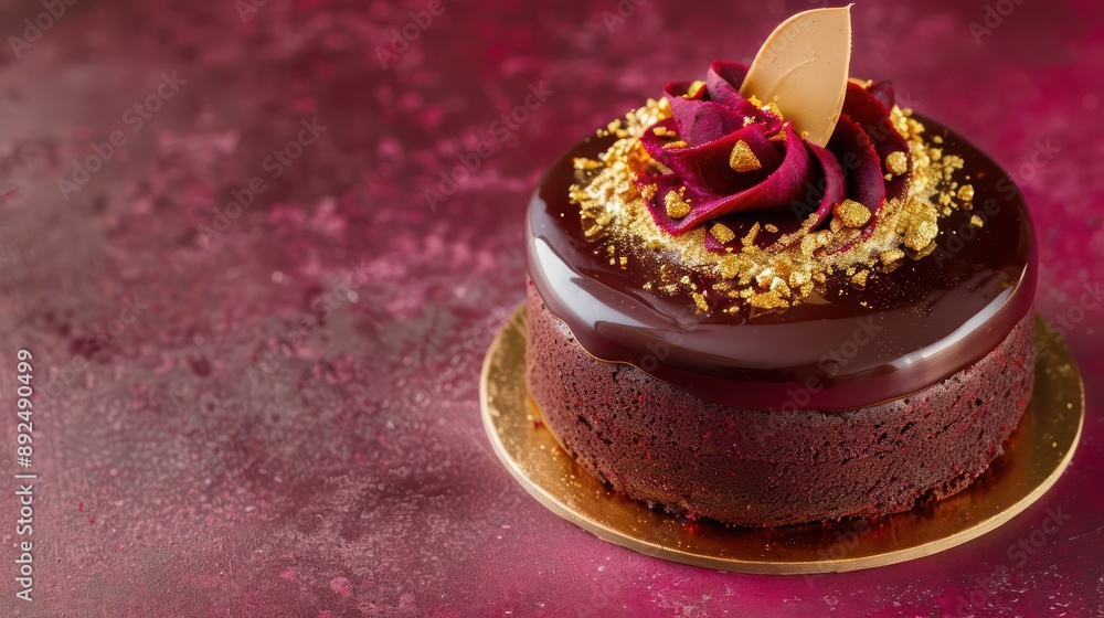 Fototapete chic beetroot and chocolate cake with edible gold dust on a deep ruby background, sophisticated and 
