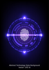 Abstract technology style background, theme of laser scanning sensor with tech circle on fingerprint, also with lights on dark blue color tone