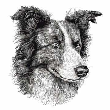 recommend clip art: Black and white Vintage engraved art of a sheepdog portrait isolated on white background, ink sketch illustration, simple vector art design, highly detailed line art, high contrasty