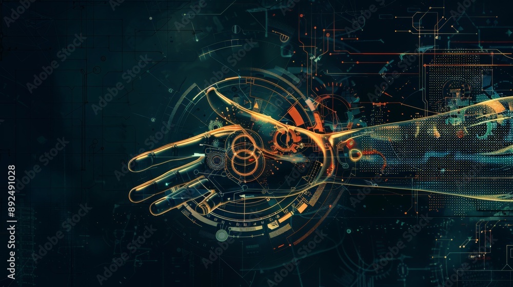 Poster mechanical hand with futuristic orange holographic interface. advanced technology and digital engine