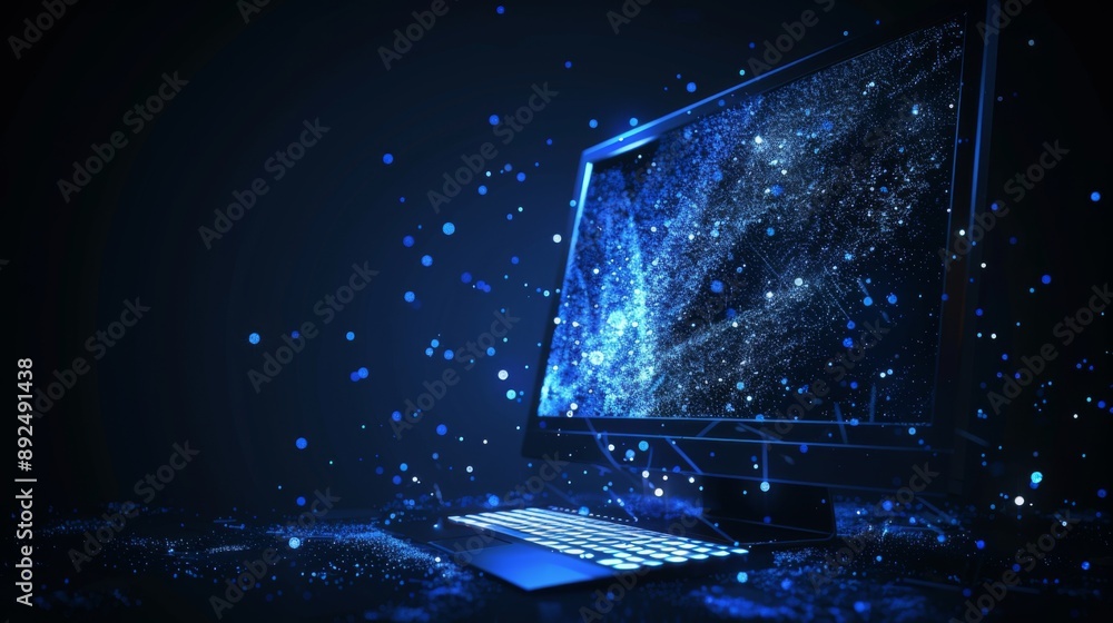 Poster low poly computer in technology blue color on dark background