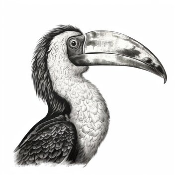 recommend clip art: Black and white Vintage engraved art of a hornbill isolated on white background, ink sketch illustration, simple vector art design, highly detailed line art, high contrasty