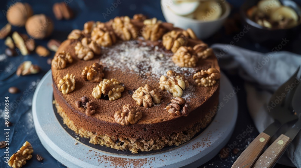Fototapete chic espresso and walnut cake with a dusting of cocoa on a deep indigo backdrop, elegant for sophisticated text