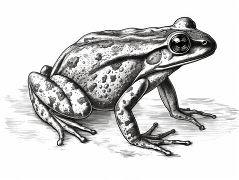 recommend clip art: Black and white Vintage engraved art of a frog isolated on white background, ink sketch illustration, simple vector art design, highly detailed line art, high contrasty 