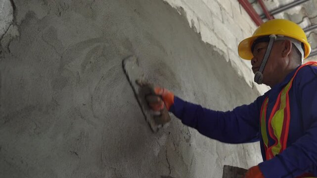 A worker plastering a wall with cement, carefully smoothing out the surface in a new house under construction.