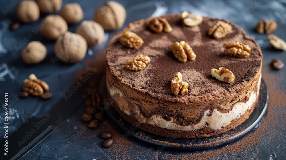 Fototapete chic espresso and walnut cake with a dusting of cocoa on a deep indigo backdrop, elegant for sophisticated text