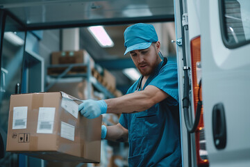A courier delivers medical supplies to a healthcare facility, emphasizing the critical role of timely and reliable delivery services in the healthcare sector, ensuring essential medical needs are met 
