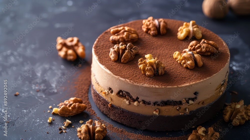 Fototapete chic espresso and walnut cake with a dusting of cocoa on a deep indigo backdrop, elegant for sophisticated text
