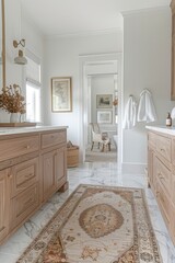 Bright white bathroom with wood cabinets, large rug, and marble floors, open door to a home office with framed art above a desk.