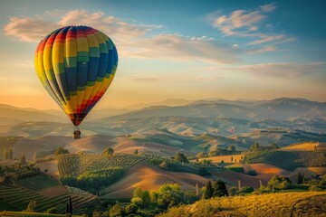 Obraz premium A colorful hot air balloon floats above a majestic mountain range