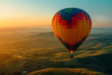 Obraz premium A colorful hot air balloon floats above a majestic mountain range