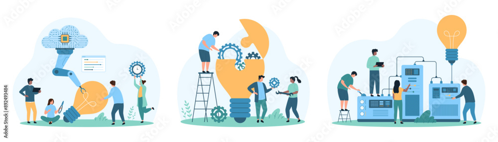 Poster new tech solution, innovation development and optimization set. tiny people construct light bulb wit