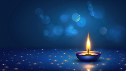 happy diwali diya background glowing candle on blue bokeh background with sparkling lights hindu indian festival celebration copy space for text