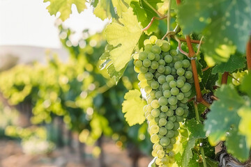 Fototapeta premium green grapes hanging in clusters on the vine - image high resolution