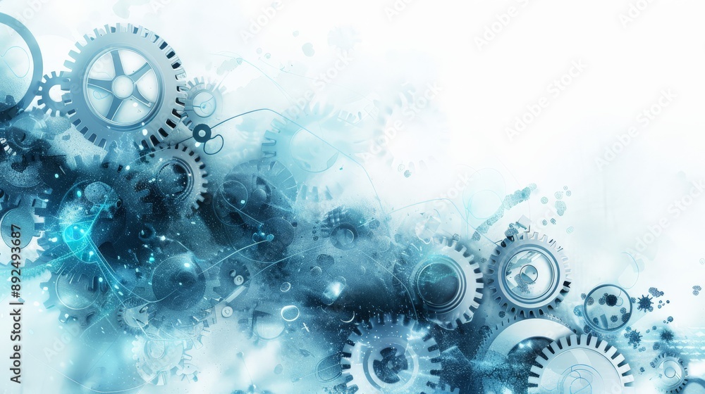 Poster abstract light blue and white engineering background with gears and technical details. ideal for tec