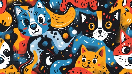 cartoon pet prints, playful cats and dogs in abstract doodle art form, ideal for a unique and fun wallpaper pattern great for adding a whimsical touch to any space