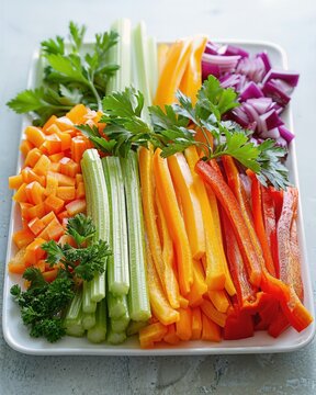 a platter of vegetables including celery, carrots, and celer