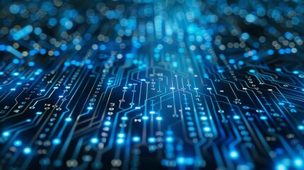 Blue circuit board illuminated by lights symbolizes technology, connectivity, innovation in a digital world