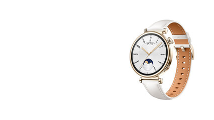 Closeup of classy golden smartwatch with brown accents isolated on white background.