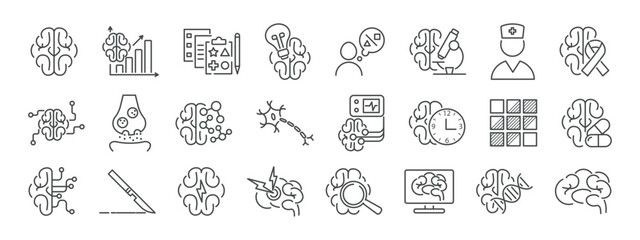 Neurology clinic, human brain line icon set. Neuron, axon, dendrite, synapse, headache, eeg, brain biochemistry, cancer, psychometric tests,  Blocks vector illustration. Editable Strokes