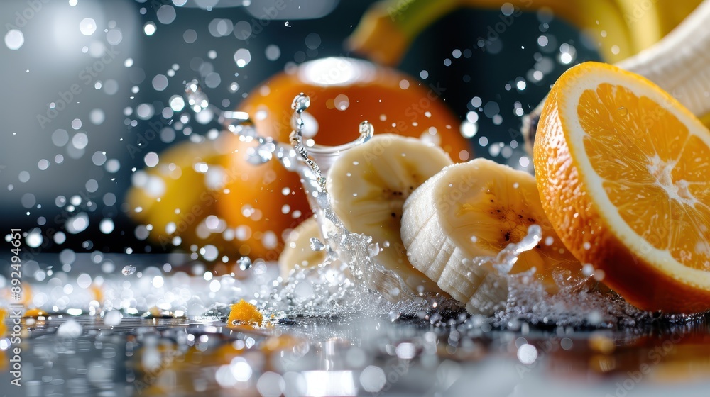 Aufkleber a vibrant, close-up shot showing slices of oranges and bananas splashing into water, creating dynami