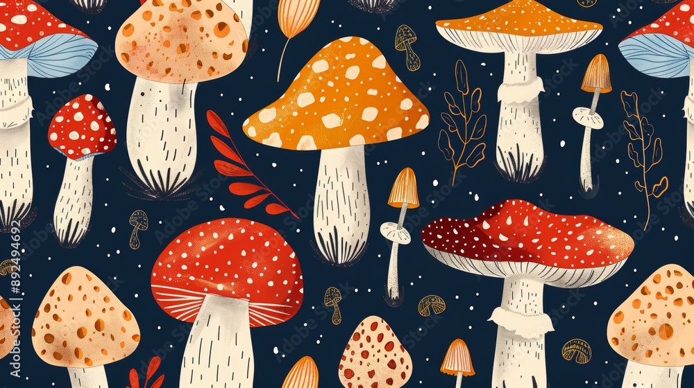 Poster whimsical mushroom art, explore a delightful mushroom pattern in a whimsical style, perfect for infu