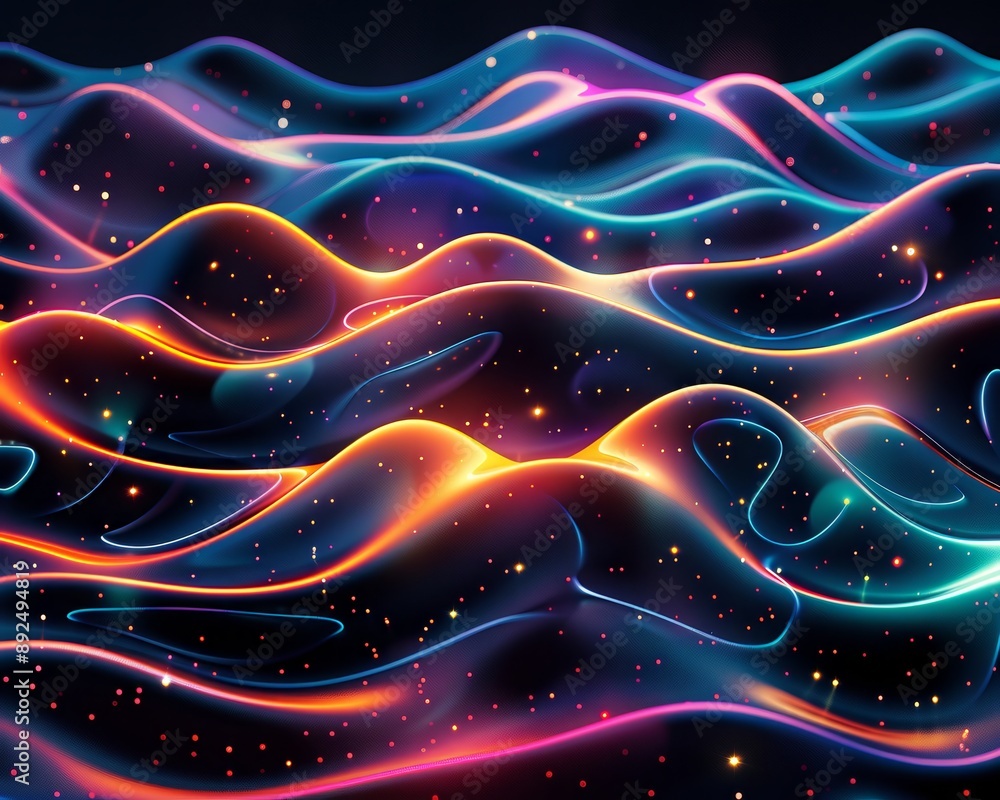 Poster vibrant abstract digital waves of neon lights creating a futuristic cosmic landscape with colorful g