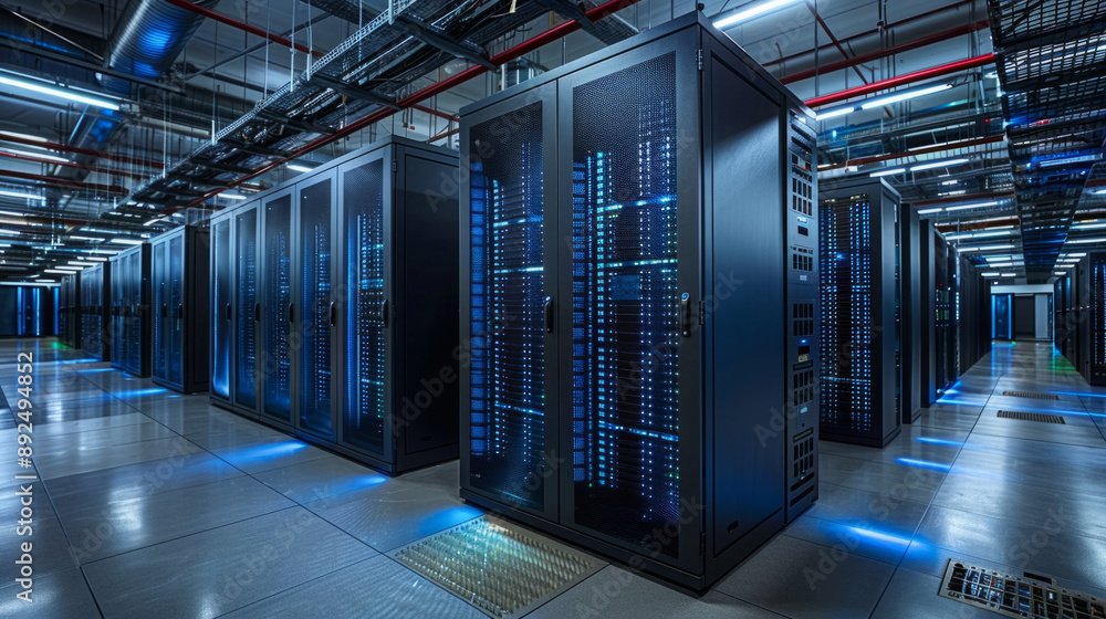Poster data center reliability, meticulous server units arrangement for optimal performance in a modern dat