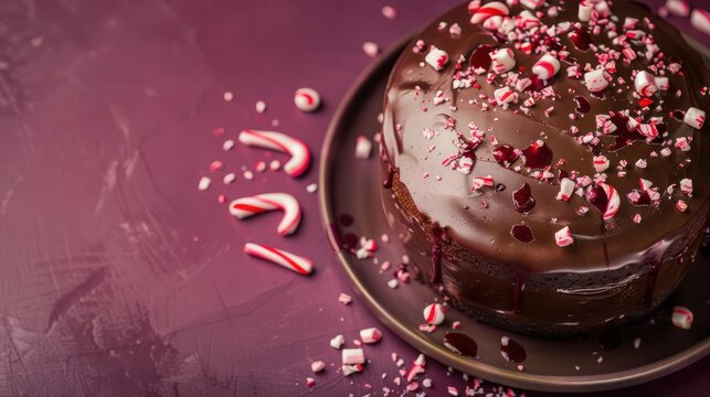 chocolate peppermint cake with crushed candy cane on a deep maroon background, festive and inviting for text
