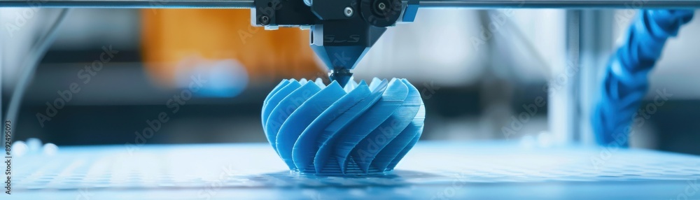 Poster close-up of a 3d printer creating a blue spiral object. advanced technology in modern 3d printing an