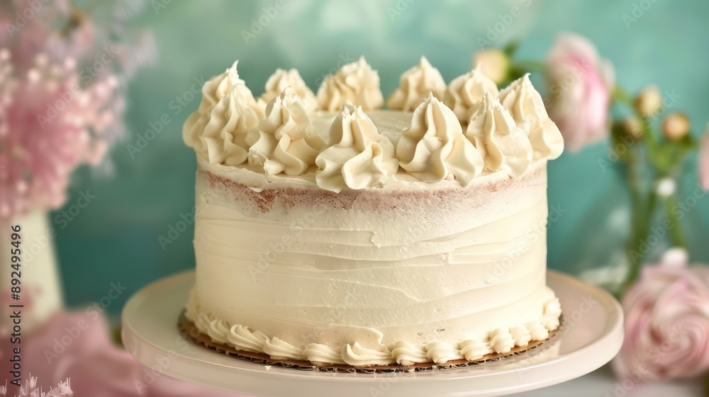 Fototapete classic vanilla bean cake with buttercream frosting on a pastel periwinkle background, soft and inviting for text
