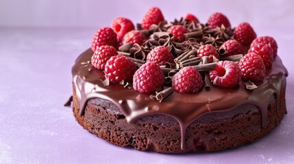 decadent chocolate and raspberry cake, rich in color and flavor, set against a soft lilac background