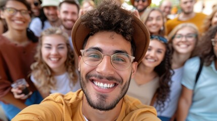 Fototapeta premium An upbeat image capturing a young man taking a selfie with a group of smiling peers in a bright and cheerful setting, radiating happiness and camaraderie.