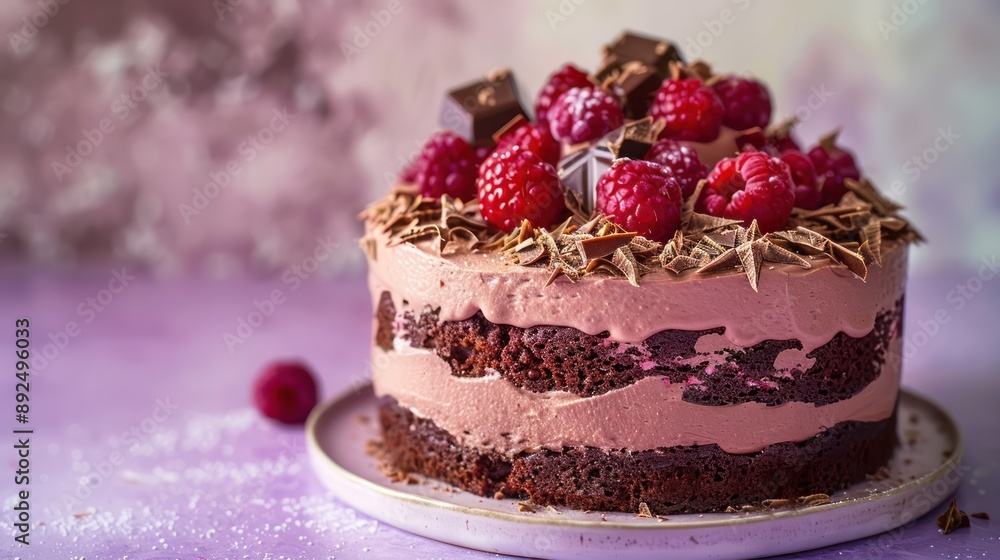 Fototapete decadent chocolate and raspberry cake, rich in color and flavor, set against a soft lilac background
