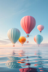 Obraz premium luxury balloon architecture, Majestic balloon towers by a tranquil lake at sunset, blending vibrant colors into the horizon, creating a breathtaking spectacle.
