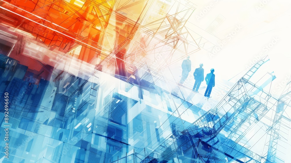 Poster abstract engineering design with blue and orange lines and workers. construction and industrial desi
